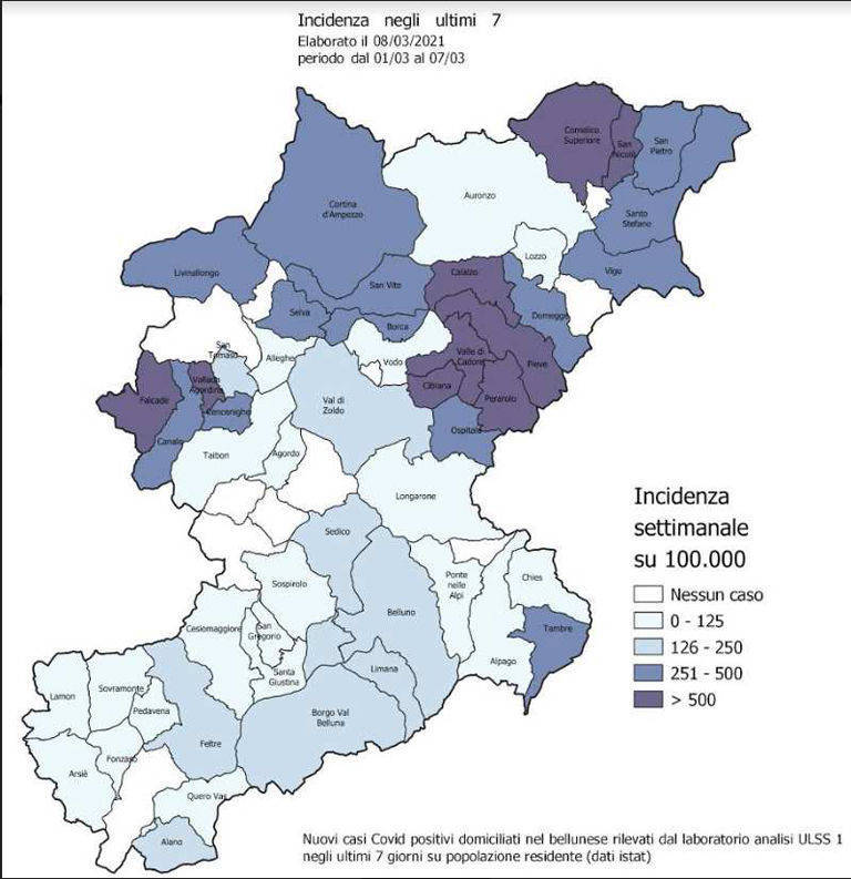 BORGO VALBELLUNA: incidenza Covid tra 126 e 250 casi su 100 mila abitanti